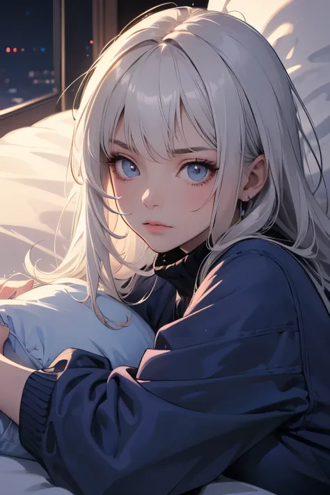 top quality,  hd ,4k  , high contrast , semi-realistic, 1lady, solo,frowning,  casual, long hair,long light platinum blonde hair, bangs,  blue coat, gray turtleneck sweater, moonlight, unique, Lying down, hugging pillow