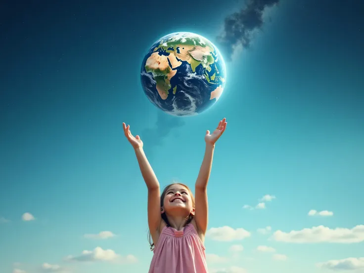 Young girl throwing a ball in the air. The ball is planet Earth .  the background must go from the blue sky below to a starry sky above.  planet Earth is in the upper part of the photo 
