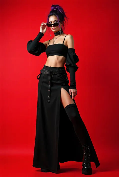 Here's a detailed prompt to generate a similar image:

**"A fierce and stylish young woman poses confidently in a futuristic all-black outfit. She wears a black bandeau top with thin straps, revealing her shoulders and collarbones. Over this, she has a dra...