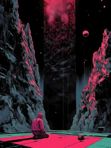 Sci-fi art of a floating cliff on dark gray blue, ancient sci-fi, helmet layed down on the floor, long shadows projected and a lone figure, gigantic ruins artifact, glimmering sky of red particles on completely black sky, geometric shapes, huge spider net,...