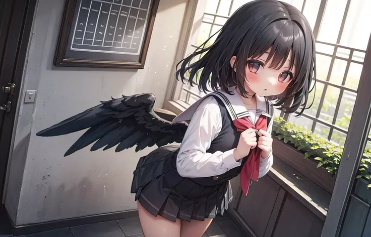 ( masterpiece) cute girl with straight black hair in school uniform with black wings walking to school