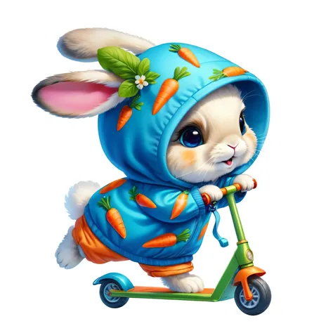 Disney style , cartoon fluffy rabbit, in blue pajamas with a carrot pattern, riding a scooter, surrounded by grass and wildflowers, detailed digital illustrations, beautiful fairy tale illustrations, fantasy art style, how to smile, neon colors of paint, f...