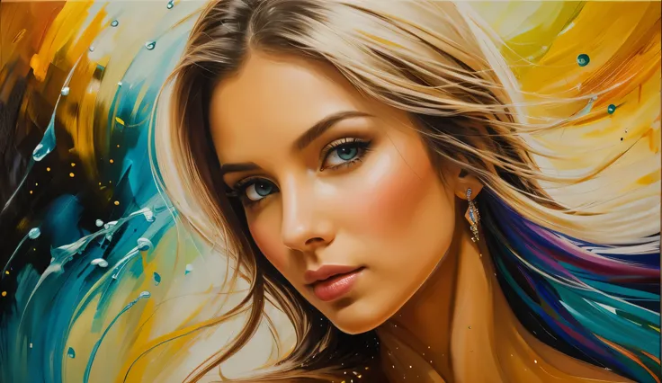 A sultry, porcelain-skinned blonde goddess emerges from a sea of vibrant, dripping brushstrokes, as if born from the very canvas itself. Inspired by the dynamic style of Andrew ATROSHENKO's speedpaints, this maximalist masterpiece weaves together smooth, w...