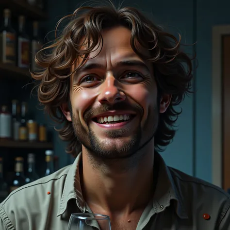 Create a portrait of a guy about 35 years old, who is your best friend, waist-deep. He looks disheveled and a little rumpled, as if he had been drinking all night and had just been woken up.
His eyes are slightly narrowed and red from lack of sleep or the...