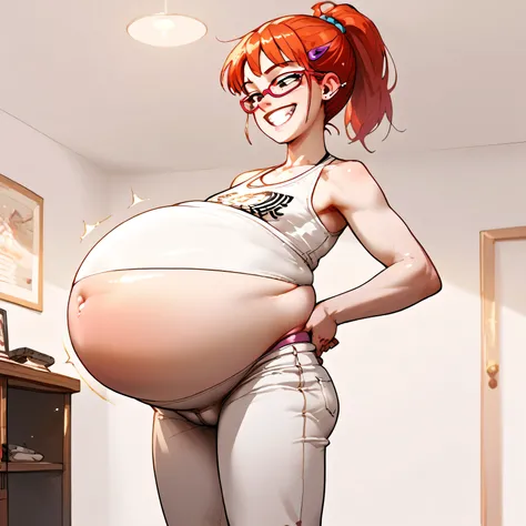 One girl, suprised, exposed midriff, micro bra ((tall belly:1.3)), fat folds,  belly inflation,  her hands on her belly, grin, belly popping out , volumetric and specular lighting score_9, score_8_up, score_7_up, score_6_up, score_5_up, score_4_up, rating_...