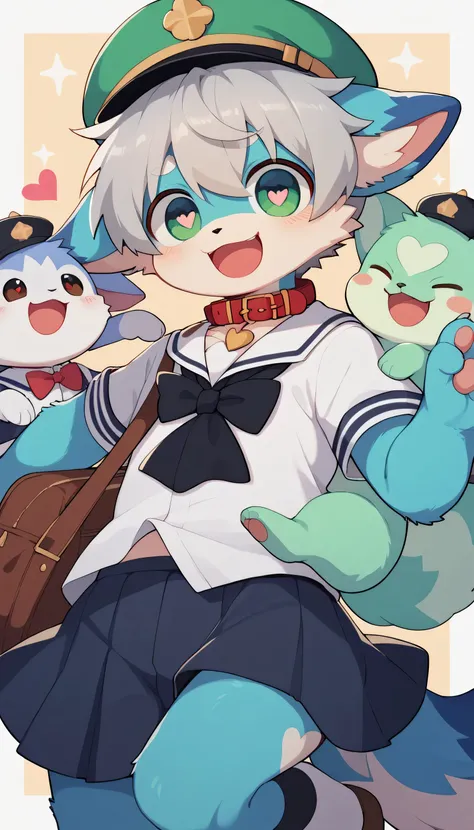  Very Detailedな, Very Detailed, Blue Fur Gray Hair,,male,骨を見てExcited, heart eyes,participate, red collar, green white and colored hat, cute face, fluffy fur like one,Excited,Lustful School for Boys ,fun,Smiling face,funそうな顔,high school生,male, droopy ears, ...