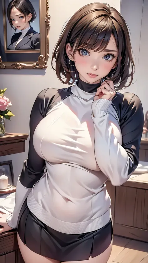 a K-pop idol wearing a turtle neck sweater,
(((masterpiece))), ((best quality)), ((intricate detailed)), ((Hyperrealistic)), absurd res, milf, mature woman, perspective, highly detailed, illustration, 1girl, ((large breasts)), perfect hands, detailed finge...