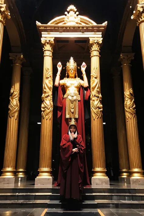 "A massive pagan temple stands in the heart of an ancient city. The temple has towering columns, intricate carvings, and golden statues of Baal. Priests dressed in flowing red and black robes perform elaborate rituals, lifting their arms toward a central a...