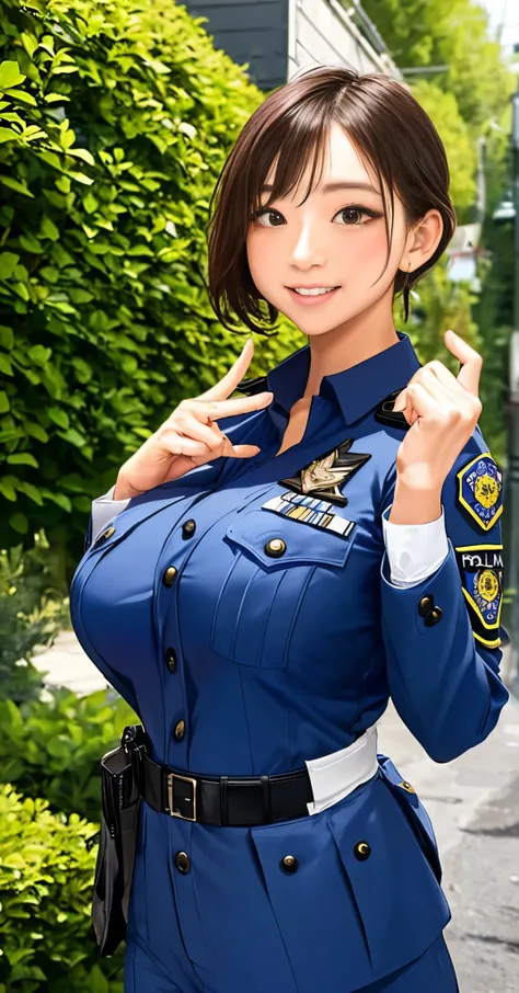 ((( Big Breasts:1.2)))、 cleavage、  tan、（ one girl）、Expose the muscles 、 anatomically correct、Correct finger、 Sweaty muscles 、   shoulder jacket  :1.5、((waer police uniform:1.2))、Neat Girl、smile、garden 、Pubic hair is transparent、 ((( model pose)))、 in the s...