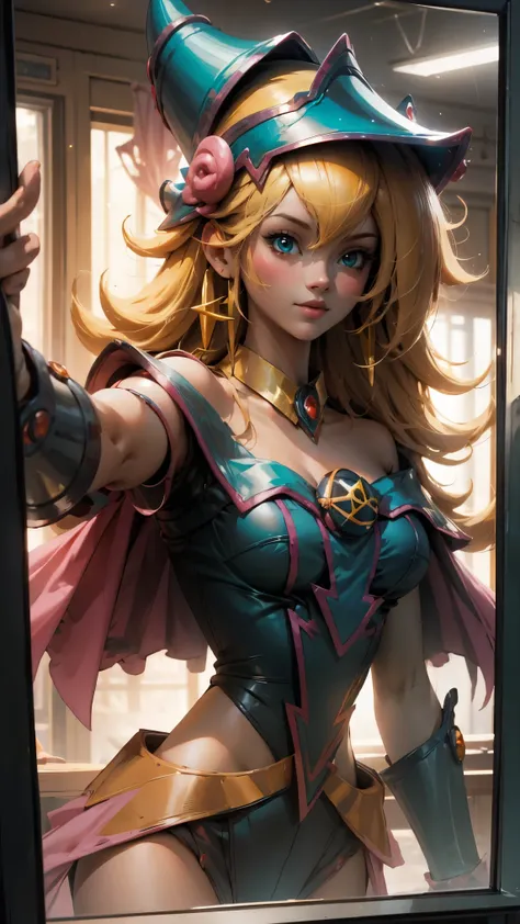 1girl, dark Magician girls. solo, in front of mirror,selfie,hip tilt,,upper body, navel, shirt with "Monst3r" text, midriff, seductive smile, sexy,