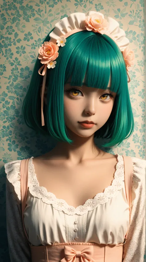 A mesmerizing surreal illustration of a young japanese woman. She has pastel green hair with blunt bangs, yellow eyes, and wears a vibrant pastel colored outfit adorned with intricate floral patterns. the background is a vintage floral-patterned wallpaper ...