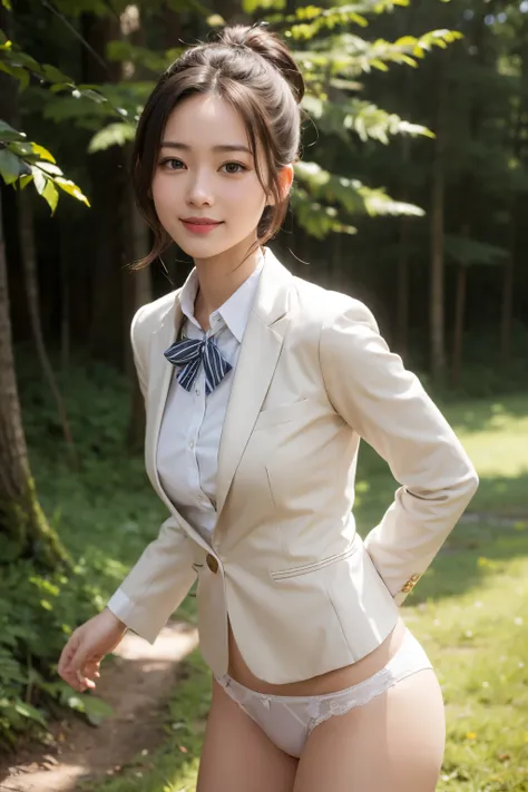 1 young girl,very cute and beautiful japanese  actress,highly detailed beautiful face,
blazer beige jacket,collared shirt,cute bowtie,(smile:1.2),happy,
 BREAK cowboy shot,arms behind back,(laced white panties),dynamic angle,hair ornament,black hair,
wood ...