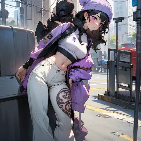 1female, adult, sexy, finely detailed light purple eyes, (wavy medium hair), black hair, hair braided to the back, casual clothing, crop top jacket, oversized baggy pants, somber expression, (perfect generation), standing on street, detailed background, fl...