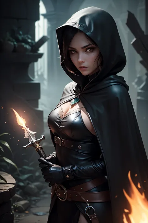  A stealthy and lethal elf assassin ,  wearing a dark hood that covers her head ,  casting shadows over her sharp face and mysterious .  Her eyes shine slightly in the dark , exuding precision and coolness .  Her costume is fully covered ,  composed of a s...