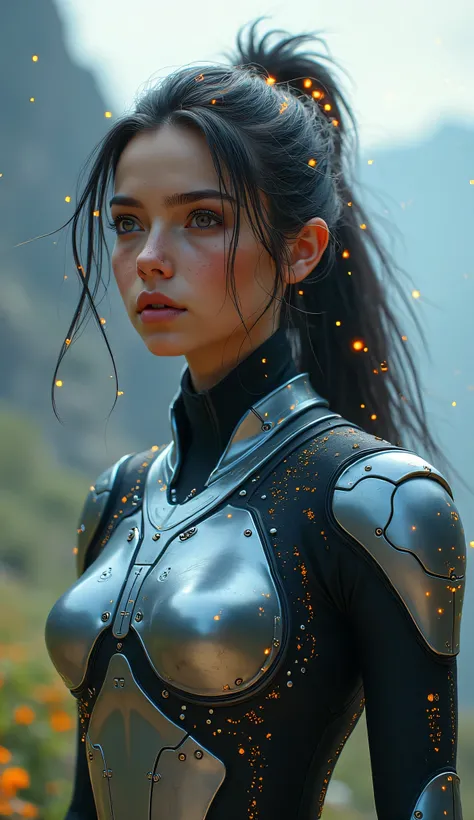 A middle-aged girl travels around the world she is wearing wonderful ultra-modern armor that glows on her face. Her freckled hair glows like cyberpunk