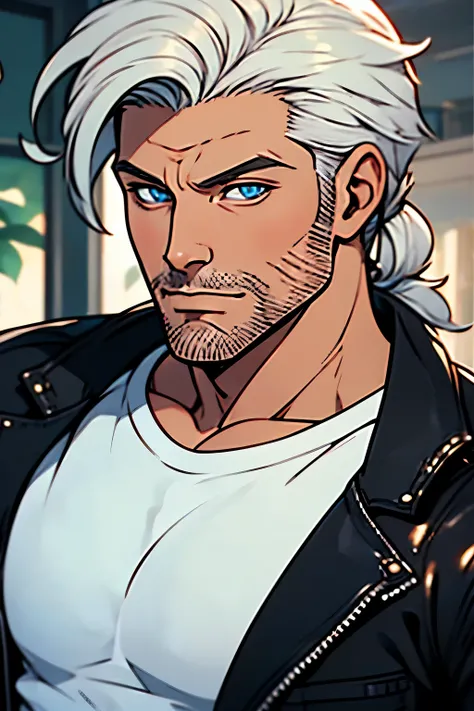 Handome older man, Rocker, White hair in a short low ponytail, wrinkles, blue eyes, scraggly short beard, Leather Jacket, Biker, broad chest, white t-shirt, High Resolution, Masterpiece, Accurate, Anatomically Correct, Award Winning, Best Quality, Solo, De...