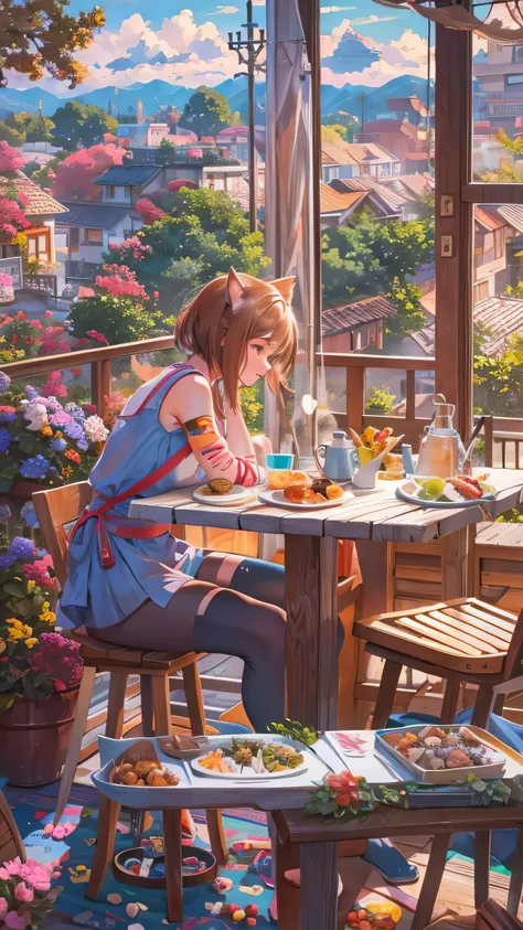  by Nomi, Real Life,  beautiful breakfast table with waterside backdrop by Greg Rutkowski,  Laurie Greasley's style ,  Studio Ghibli  , Young Tarantino,  James Gileard ,  Genshin impact , pixiv Trend Fanbox, Acrylic Palette Knife, 4K, ( vibrant colors), ( ...