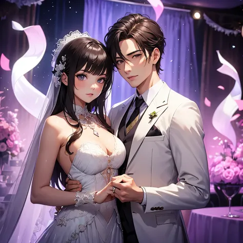 beautiful woman and man at party in wedding costumes, magic violet atmosphere
