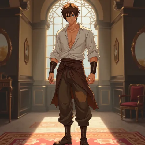 ((Highly detailed, masterpiece, 8k, ultra hd, anime, perfect face, perfect abs)), solo man, short brown hair, ice blue eyes,wearing a white linen shirt under leather tunic, leather brown patched pants, wrapped shoes, slender muscly, standing, in ball room