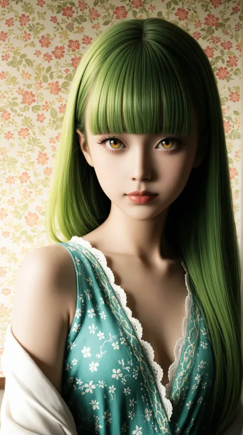 A mesmerizing surreal illustration of a young japanese woman. She has pastel green hair with blunt bangs, yellow eyes, and wears a vibrant pastel colored outfit adorned with intricate floral patterns. the background is a vintage floral-patterned wallpaper ...