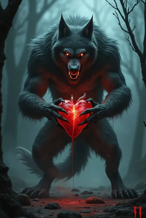 A werewolf holds an organic heart in its hands