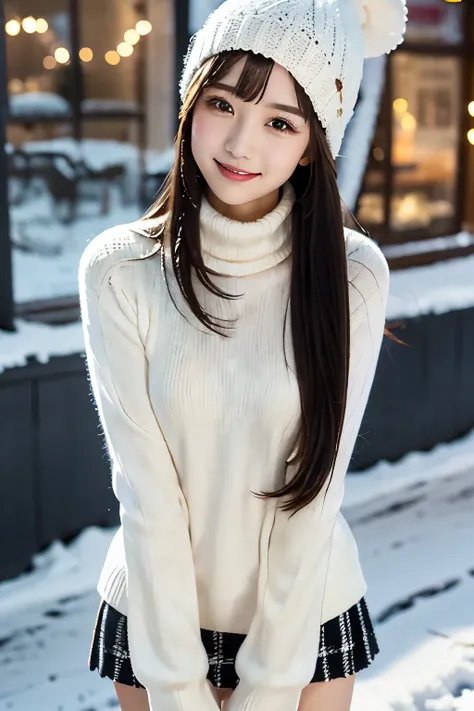 white knitted hat 、 black hair、 straight hair、 has bangs、smile、 hands crossed behind head、SkinnyBody、 white turtleneck knitted sweater、tartan plaid tight miniskirt、 black knee-high boots、 standing in a snowy city