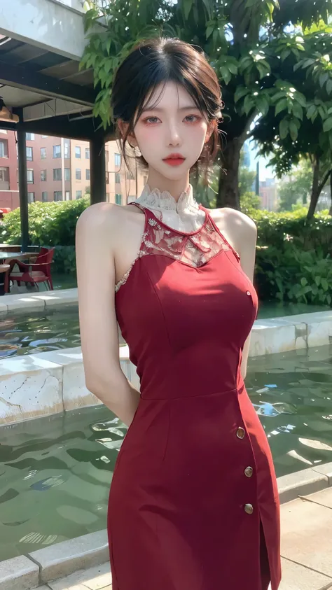 a woman posing on the street corner with light  red dress on,  best quality ,  high resolution ,  8,000, 1 Girl, ( Huge ), sky, Bright, The coffee shop's, (street:0.8), (people, crowd:1), ( lace embellished dress :1.5, 浅白色的衣服:1.5, 红色高领连衣裙:1.5,  Sleeveless ...