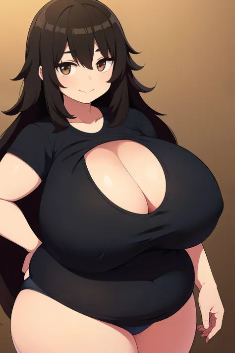 Chubby girl with big breasts black hair brown eyes happy long messy hair smiling black shirt and underwear


