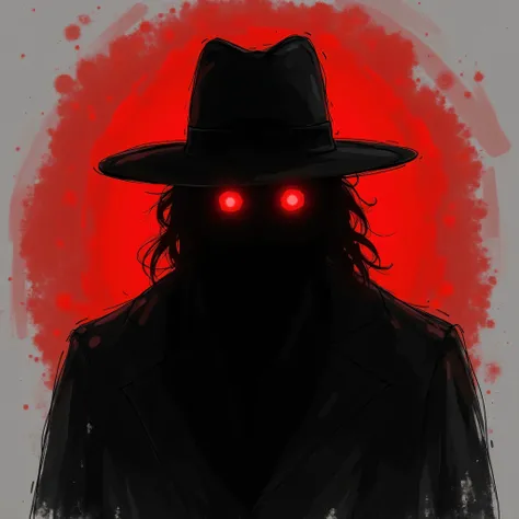 black and white photograph of a man in a hat with red eyes, shadowy and spooky character, spooky person silhouette, spooky person, shadowy informant, with Red glowing eyes, Scary Shadow People, dark hat, mysterious stranger, mysterious man, glowing red eye...