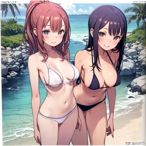 Two women enjoying swimming、ヌーディスト beach、 beach、 completely naked woman 、 upper body、smile、Big Breasts、 big size、pubic hair、belly button、Standing on the beach、Walking on the beach、