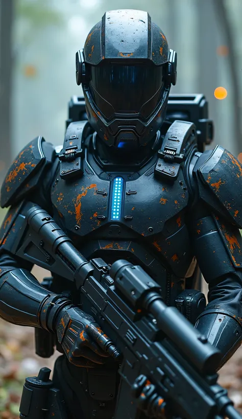 A cyber soldier in live armor that is covered with flesh and large muscles on his face helmet with a visor fights with aliens The armor completely covers the body Tight armor on the soldier's back The backpack in the soldier's hands is a plasma gun and the...