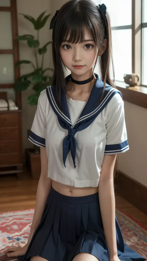 Arab Asian woman in sailor suit sitting on carpet, a super realistic high school girl , wearing Japanese School Uniform, cute high school girl, Sailor uniform, Japanese School Uniform, super realistic high school girl , Japanese High School Girls Unifo...