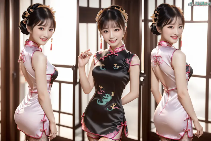 (ultra best quality、超A high resolution、8k、masterpiece:1.3)、Beautiful Women in Perfect Figure:1.4、、Black hair、((Cheongsam in fishnet stockings))、((((((No background)))))、kawaii、extremely detailed face and skin、Detailed eye、Double eyelids、Skinny Legs、erotic...
