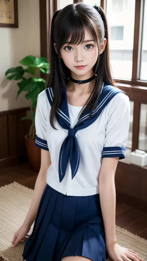 Arab Asian woman in sailor suit sitting on carpet, a super realistic high school girl , wearing Japanese School Uniform, cute high school girl, Sailor uniform, Japanese School Uniform, super realistic high school girl , Japanese High School Girls Unifo...