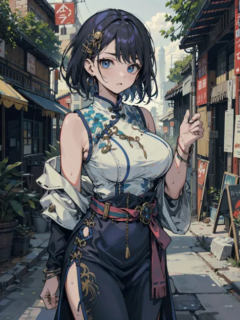 earring, narrow waist, black hair, short hair, hair ornament, big breasts, long torso, sweat, outdoor, indigo cheongsam, sleeveless,