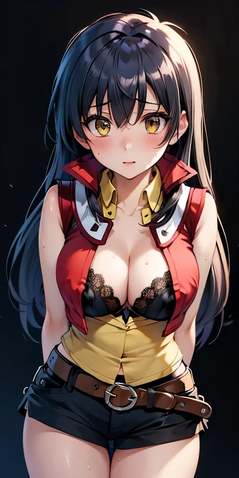 1 Female,High definition,high resolution,Ultra-realistic,8K,hmrei, long hair, black hair,yellow eyes,red jacket ,collared shirt, yellow shirt, sleeveless, belt, black shorts,standing, solo,  standing, masterpiece, best quality, detailed face, detailed eyes...