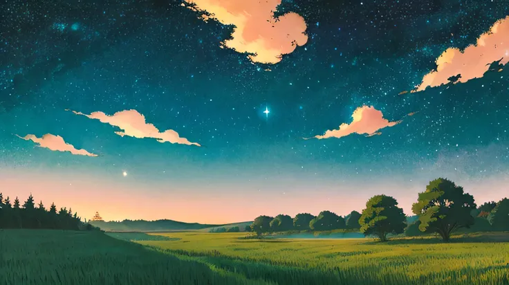 Ghibli style country starry sky , landscape