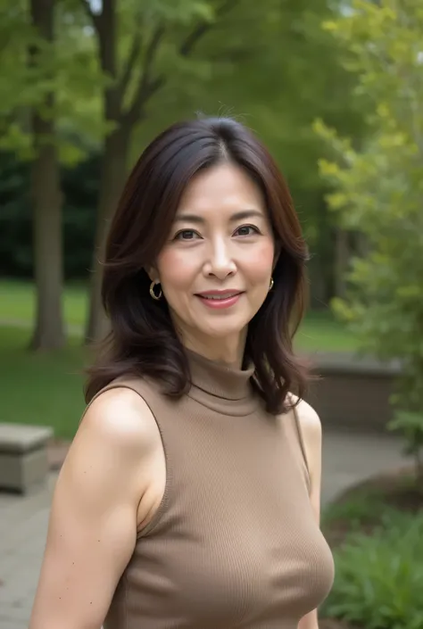 Beautiful middle-aged woman standing in a park (48 years old: 1.4),  wavy dark hair ,Slender and long legs, fine laugh lines: 1.2, and a bewitching smile .   。 sharp facial details  ,  amazing beauty (Ultimate beauty),  It features 、 (lipstick: 1.1), ( eye...