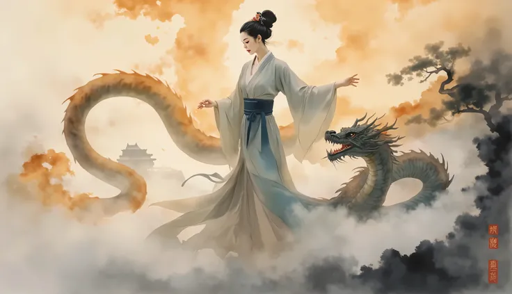 ethereal chinese watercolor painting of an elegant woman in flowing hanfu dynasty robes dancing gracefully with a mystical serpent dragon among swirling clouds, soft mist surrounds them, silhouette of a traditional chinese palace visible in background, gol...