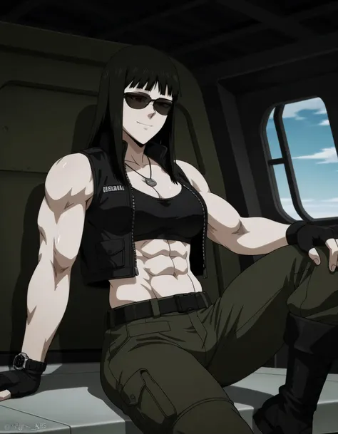 
1girl,solo,mm,mature female,black hair,black sunglasses,medium breasts,anime coloring,long hair, muscular,black tight sport bra  open  zipper black  jacket sleeveless and dark green loose military pants with belt,cowboy shot,in military base, , ,masterpie...