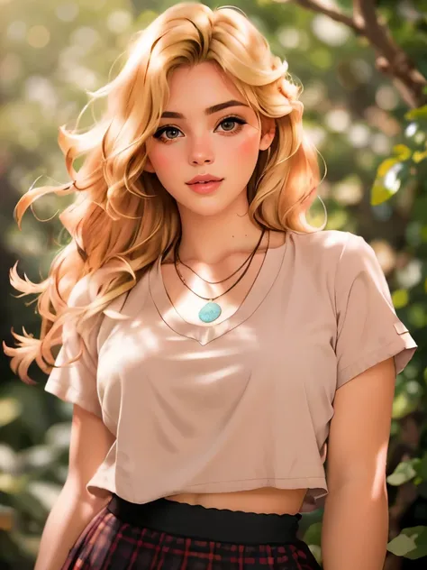 Realistic photo of a beautiful woman,1girl,solo,long hair,skirt,blonde hair,simple background,jewelry,necklace,lips,realistic, soft lighting, professional Photography, Photorealistic, detailed, RAW, analog, sharp focus, 8k, HD, high quality, masterpiece