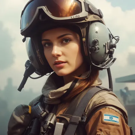 close up photo of a israeli female pilot wearing tan pilot jumpsuit, harness and a scarf. She is wearing pilot helmet with communication device