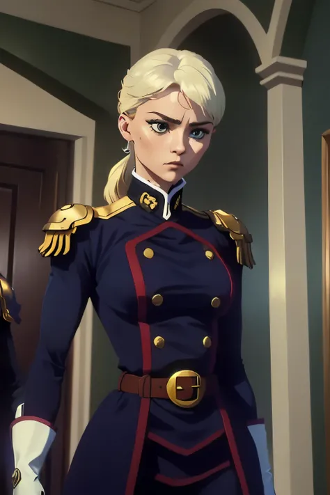  a young woman with pale skin with a serious and determined expression. She has white hair tied in a high ponytail ,  with loose locks framing her face .  Her eyes are of a light shade , Blue or green,  and his skin is pale .  

 He wears armor from modern...