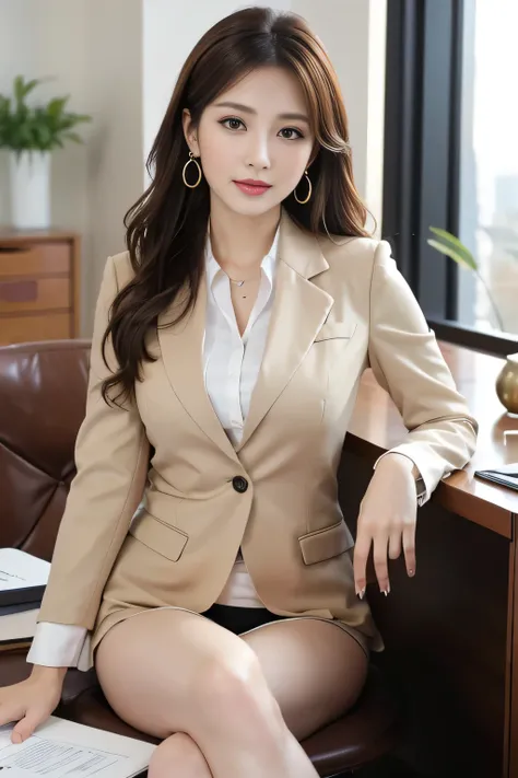 masterpiece、 best quality 、 real 、 very detailed on trends、 with finer details、High Resolution、8k wallpaper、1 beautiful woman、At the office、 Light Brown Disheveled Hair、 perfect dynamic configuration、 beautiful beautiful eyes、 Big Earrings 、 sitting on a c...