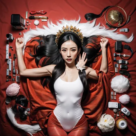 32 K（tmasterpiece，k hd，hyper H D，32 K）Long flowing black hair，ponds，z ydink， a color， Asian people （Silly girl）， （Silk scarf）， Combat posture， looking at the ground， long whitr hair， Floating hair， Carp pattern headdress， Chinese long-sleeved clothing， （ab...