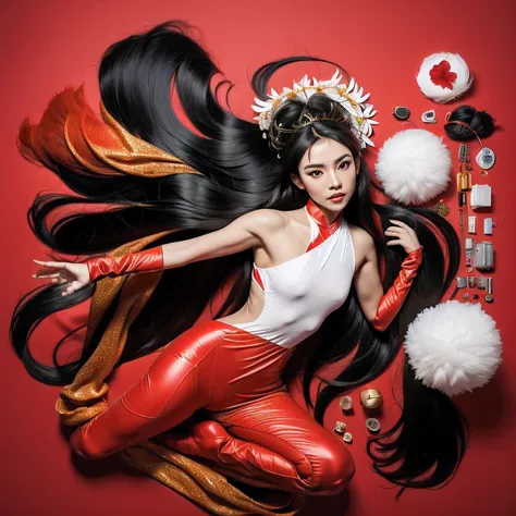 32 K（tmasterpiece，k hd，hyper H D，32 K）Long flowing black hair，ponds，z ydink， a color， Asian people （Silly girl）， （Silk scarf）， Combat posture， looking at the ground， long whitr hair， Floating hair， Carp pattern headdress， Chinese long-sleeved clothing， （ab...