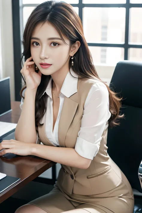 masterpiece、 best quality 、 real 、 very detailed on trends、 with finer details、High Resolution、8k wallpaper、1 beautiful woman、At the office、 Light Brown Disheveled Hair、 perfect dynamic configuration、 beautiful beautiful eyes、 Big Earrings 、 sitting on a c...