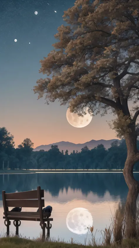 there is a bench on the lawn near the lake and a giant tree with the moon reflecting in the water, Cows grazing near a tree, the moon is reflecting in the water , full Moon in the background, full Moon in the background, big Moon in the background, big M...