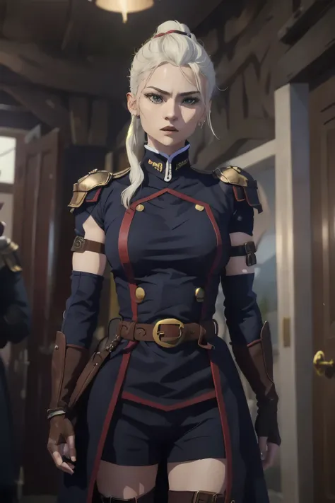  a young woman with pale skin with a serious and determined expression. She has white hair tied in a high ponytail ,  with loose locks framing her face .  Her eyes are of a light shade , Blue or green,  and his skin is pale .  

 He wears armor from modern...