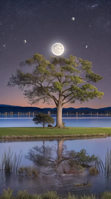 there is a bench on the lawn near the lake and a giant tree with the moon reflecting in the water, Cows grazing near a tree, the moon is reflecting in the water , full Moon in the background, full Moon in the background, big Moon in the background, big M...